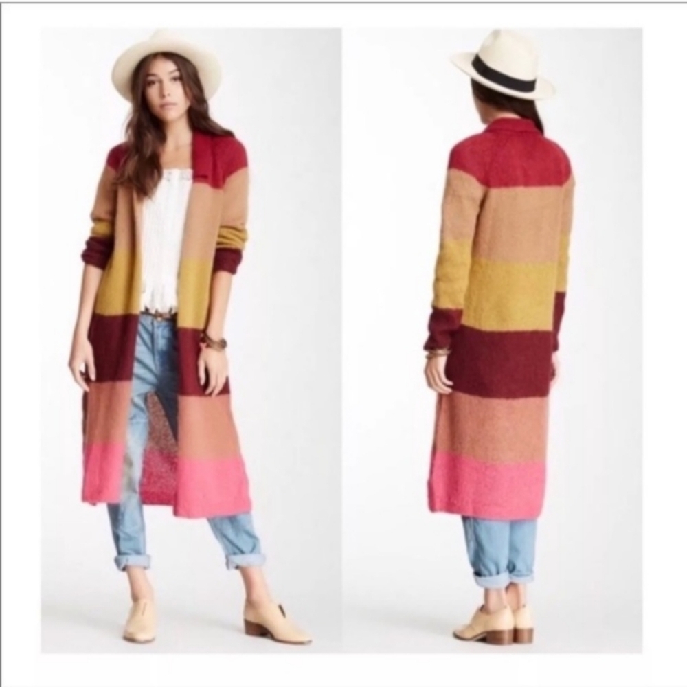 Free People Over The Rainbow Multicolor Long Striped Cardigan Sweater Large - Picture 3 of 16